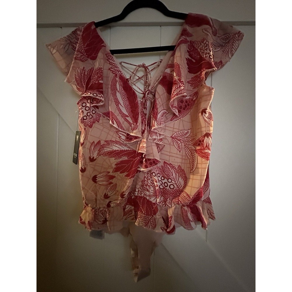 Guess Pink Floral Everly Bodysuit Ruffle Lace Up Plunge V Neck Women Small‎ NWT